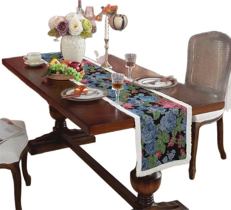 Oil Painting Style Cotton Linen Blend Table Runner for Dining Decor