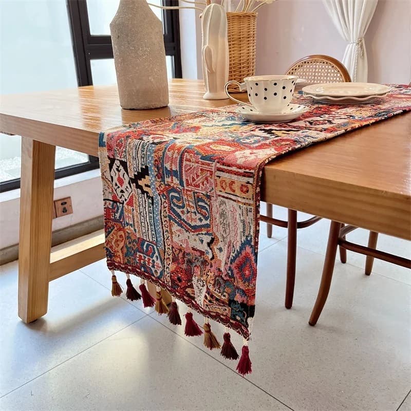 Bohemian Cotton Blend Table Runner with Geometric Pattern for Dining