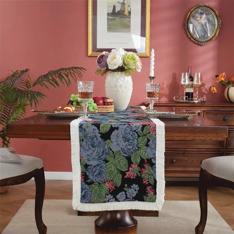 Oil Painting Style Cotton Linen Blend Table Runner for Dining Decor