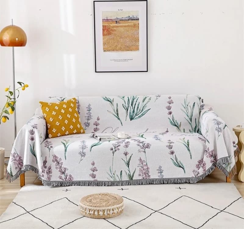 French Lavender Cotton Blend Sofa Throw Blanket for Three Seater Couch