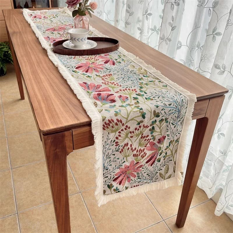 Nordic Style Cotton Blend Table Runner with Floral Pattern