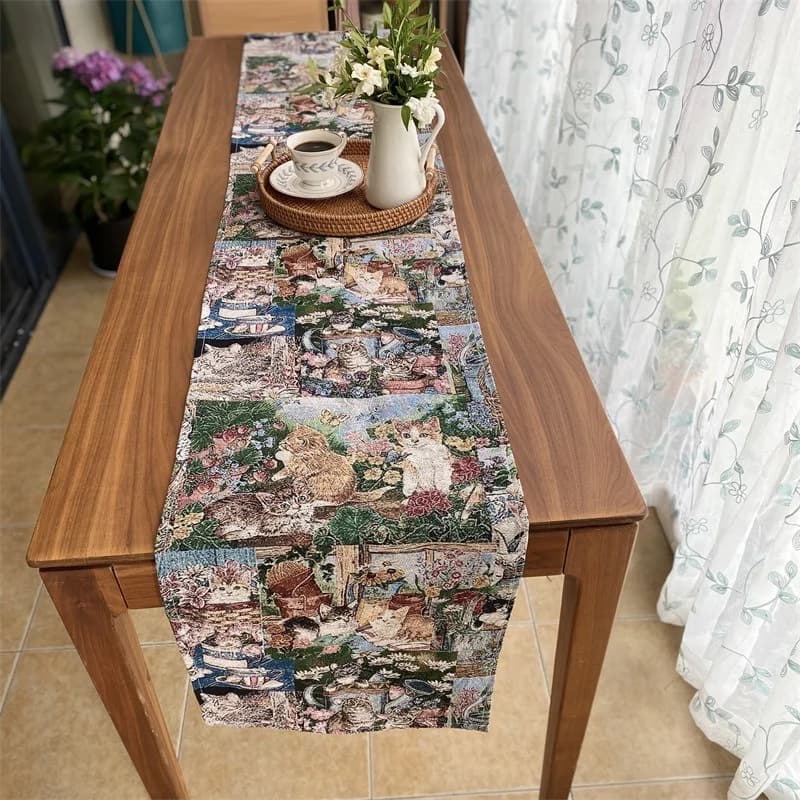 Cotton Linen Blend Table Runner with Floral Cat Print for Home Decor