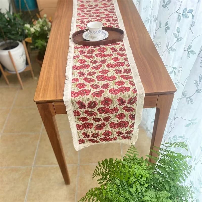 Country Style Table Runner Cotton Blend Floral Decor for Dining Room
