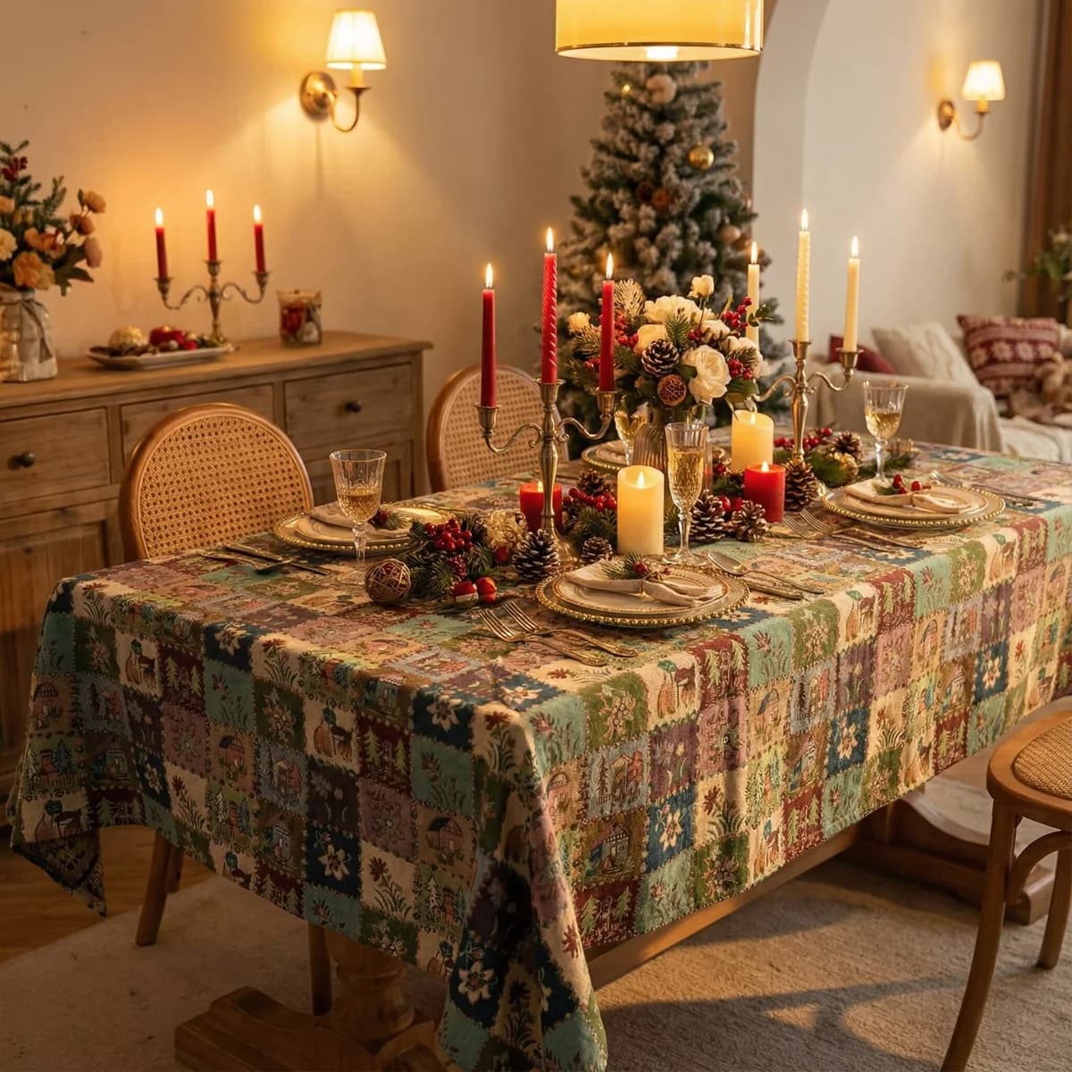 Cotton Blend Table Runner and Tablecloth with Floral Jacquard Pattern