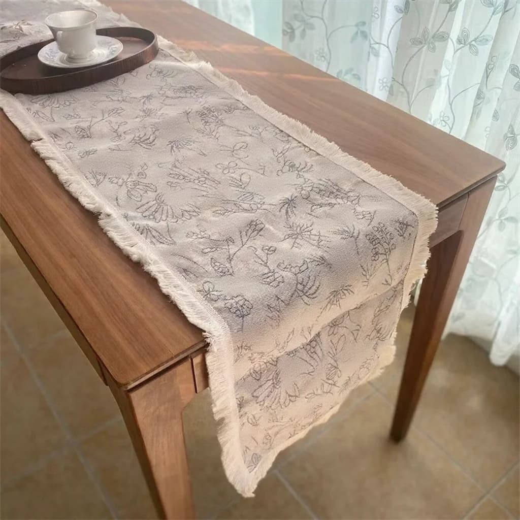 American Country Style Cotton Linen Table Runner with Floral Pattern and Tassels