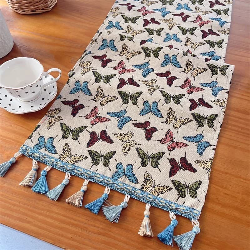 Cotton Blend Table Runner with Butterfly and Floral Prints