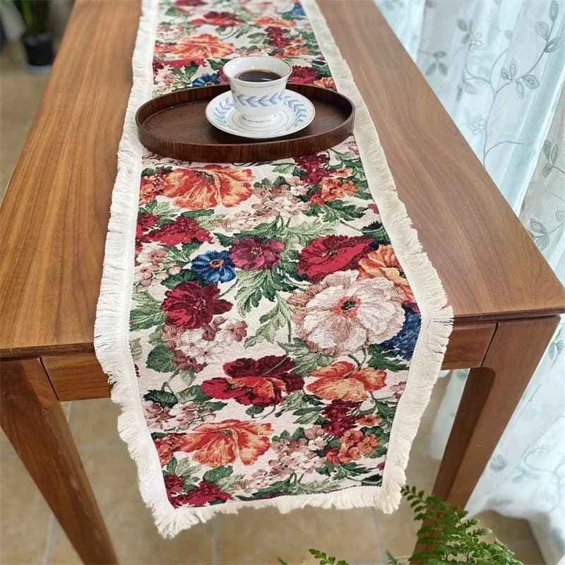 Vintage European Style Cotton Linen Blend Table Runner with Floral Pattern