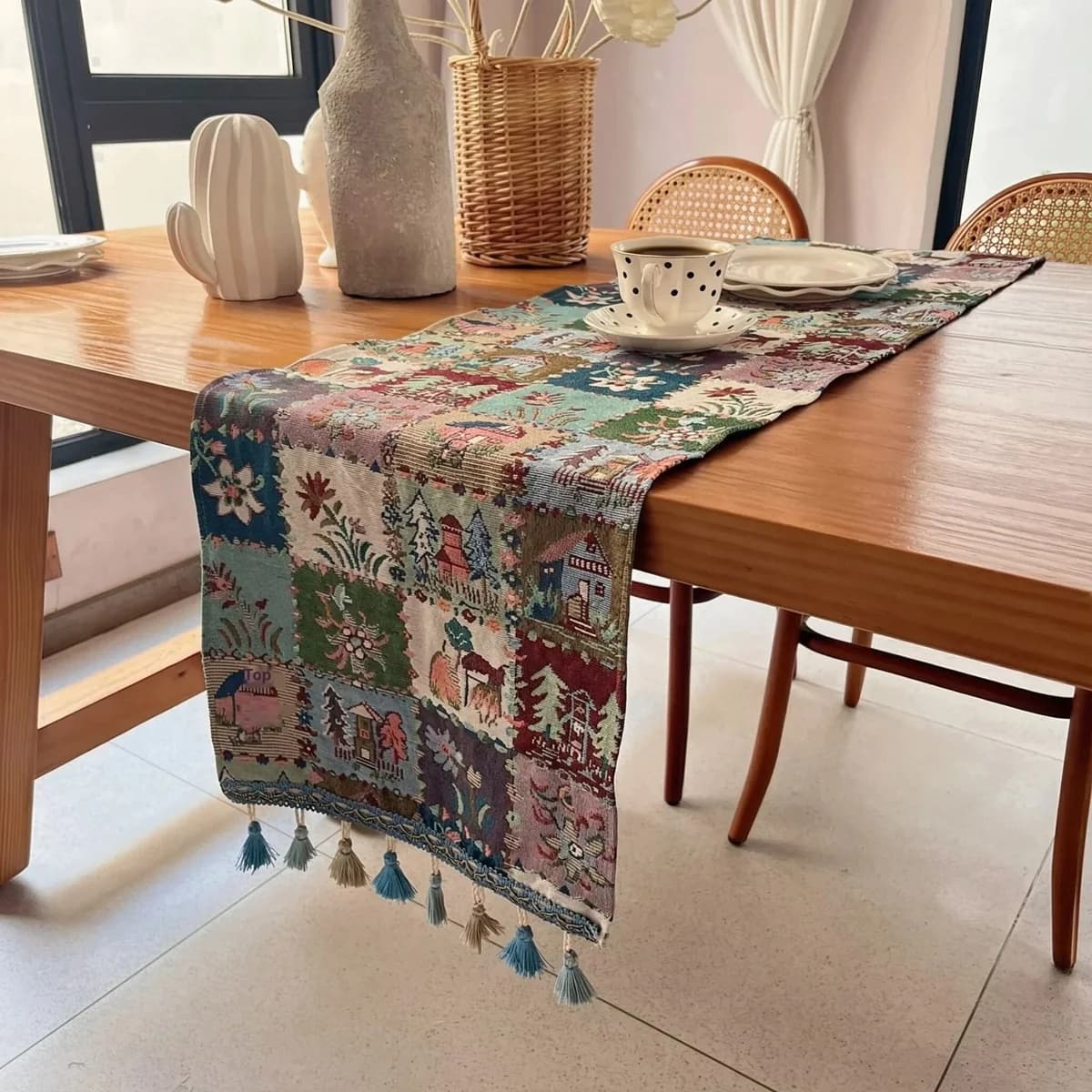 French Country Cotton Linen Blend Table Runner Floral Pattern
