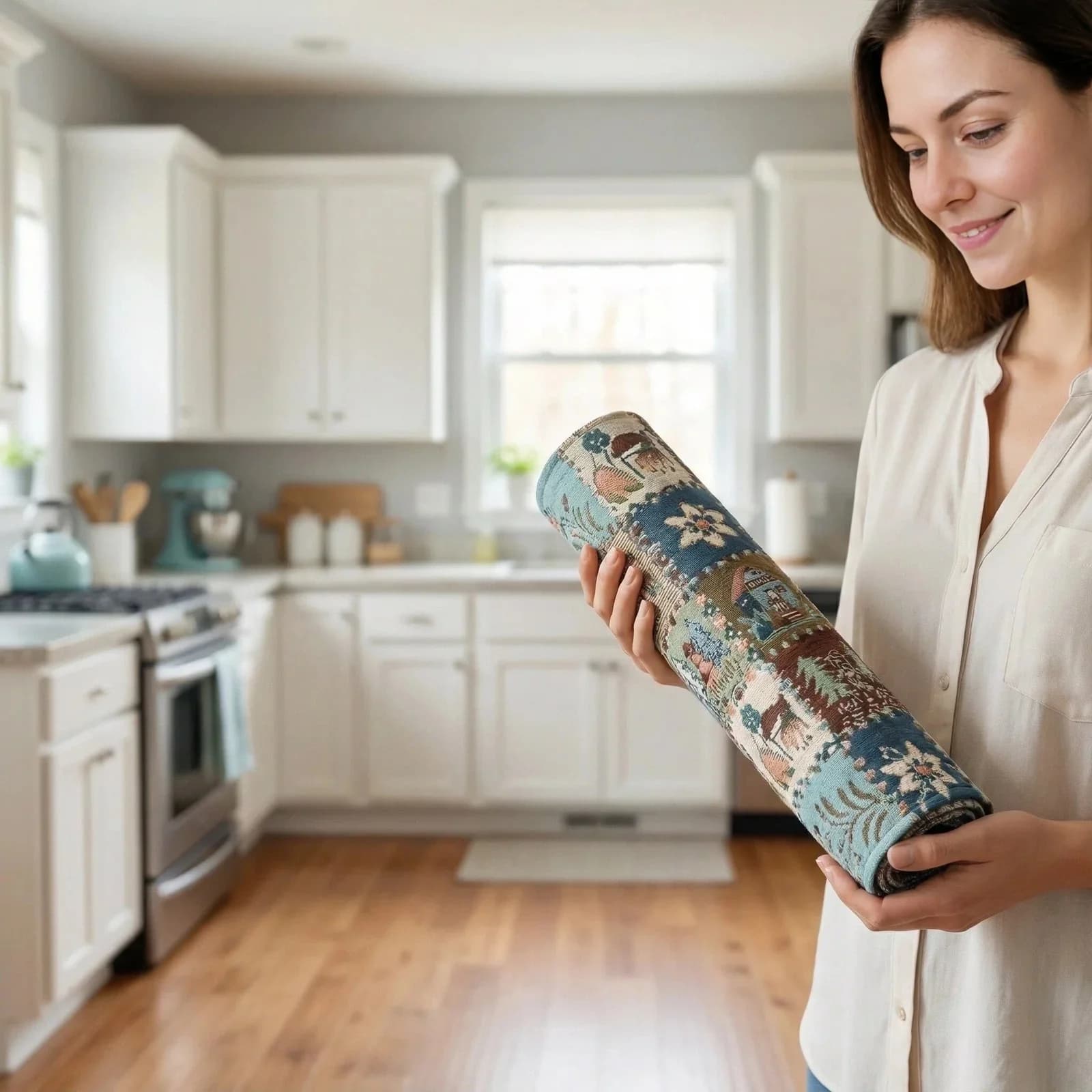 American Country Style Cotton Linen Blend Table Runner with Floral Pattern