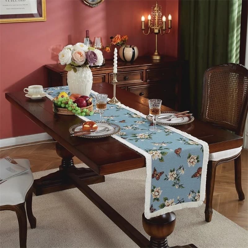 American Country Floral Cotton Linen Table Runner with Tassels