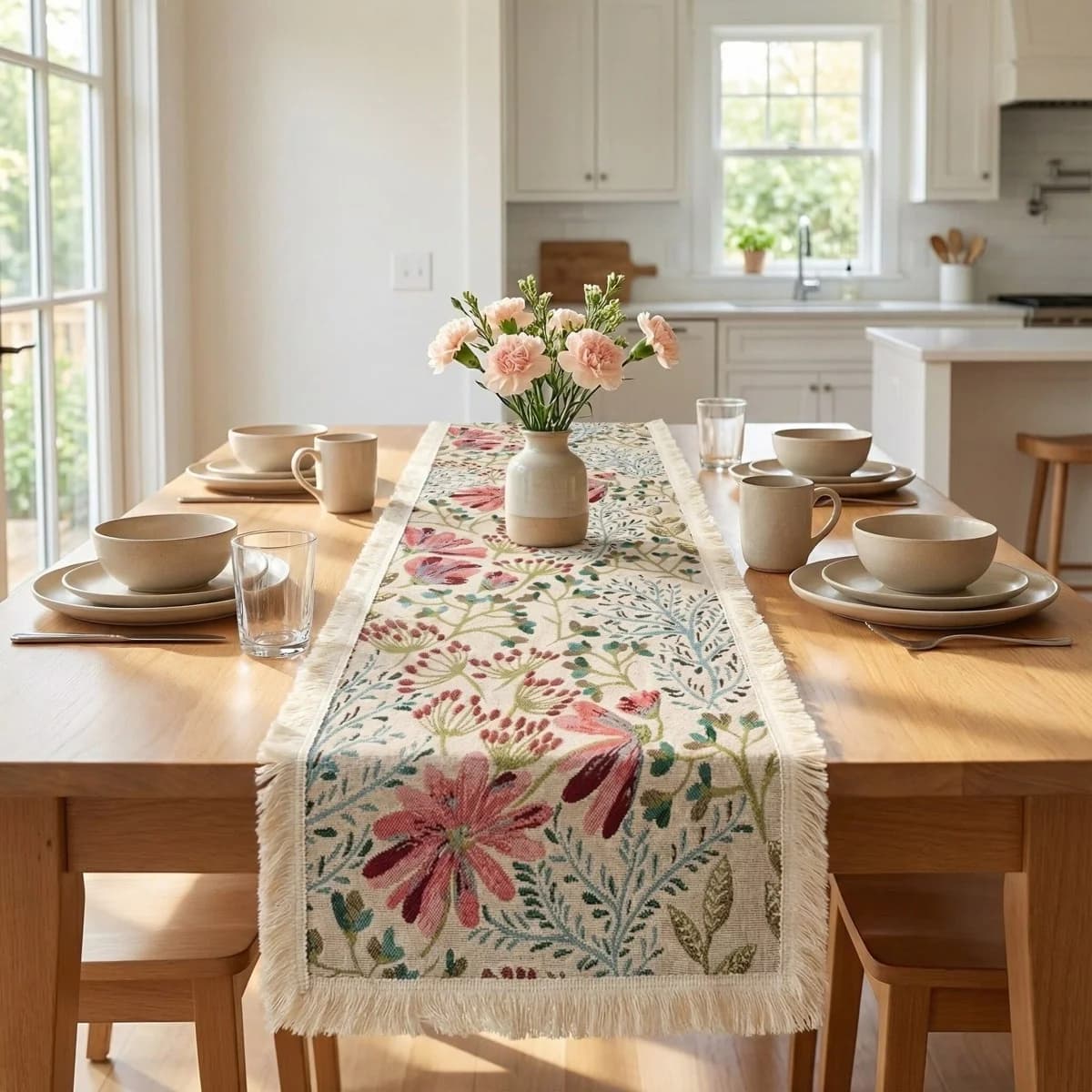 Jacquard Table Runner Cotton Blend Floral Pattern for Dining Decor