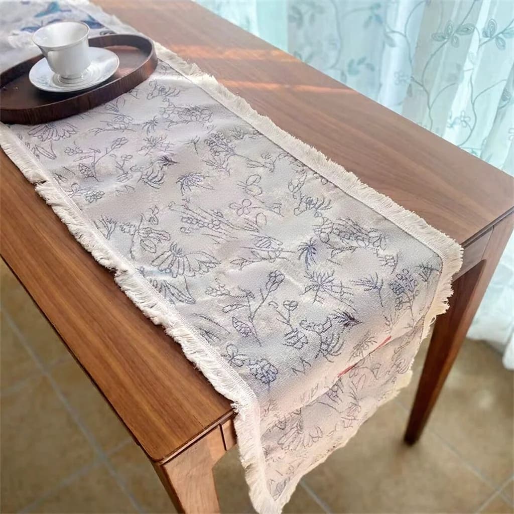 American Country Style Cotton Linen Table Runner with Floral Pattern and Tassels