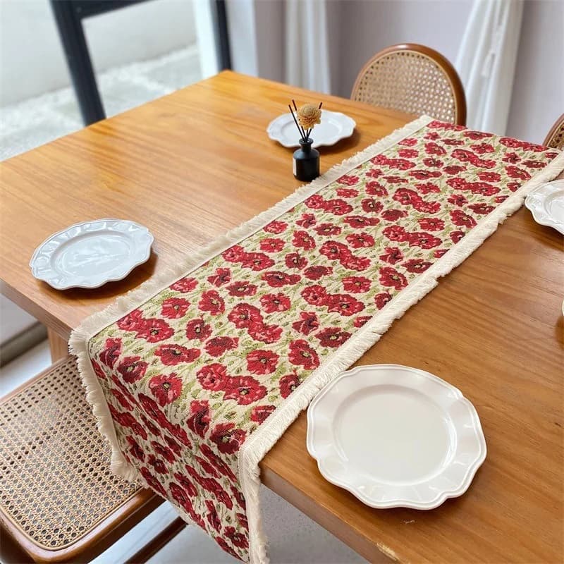 Floral Table Runner Cotton Blend Fabric for Dining Room Decor