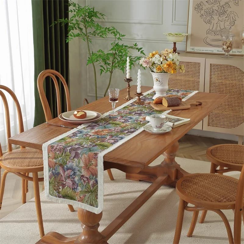 American Country Style Table Runner Cotton Linen Blend Floral Pattern