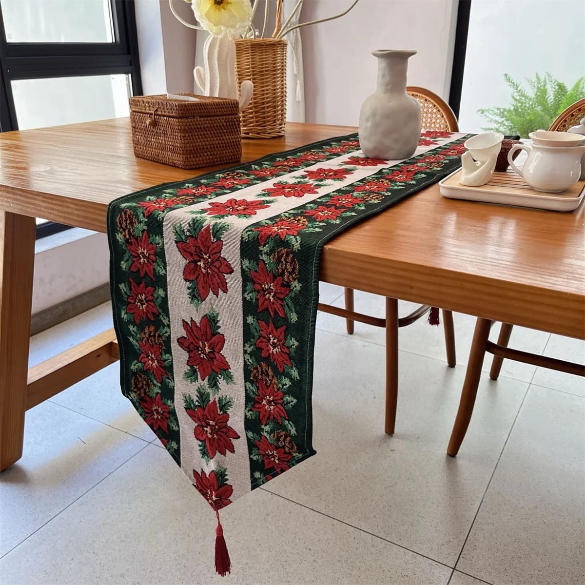 Christmas Table Runner Red Floral Holiday Decor for Dining TV Cabinet