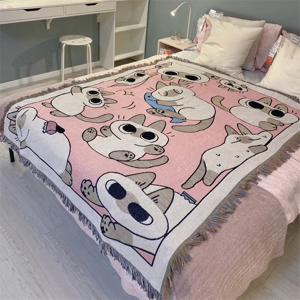 Pink Cartoon Cat Sofa Throw Blanket for Single Seat Couch