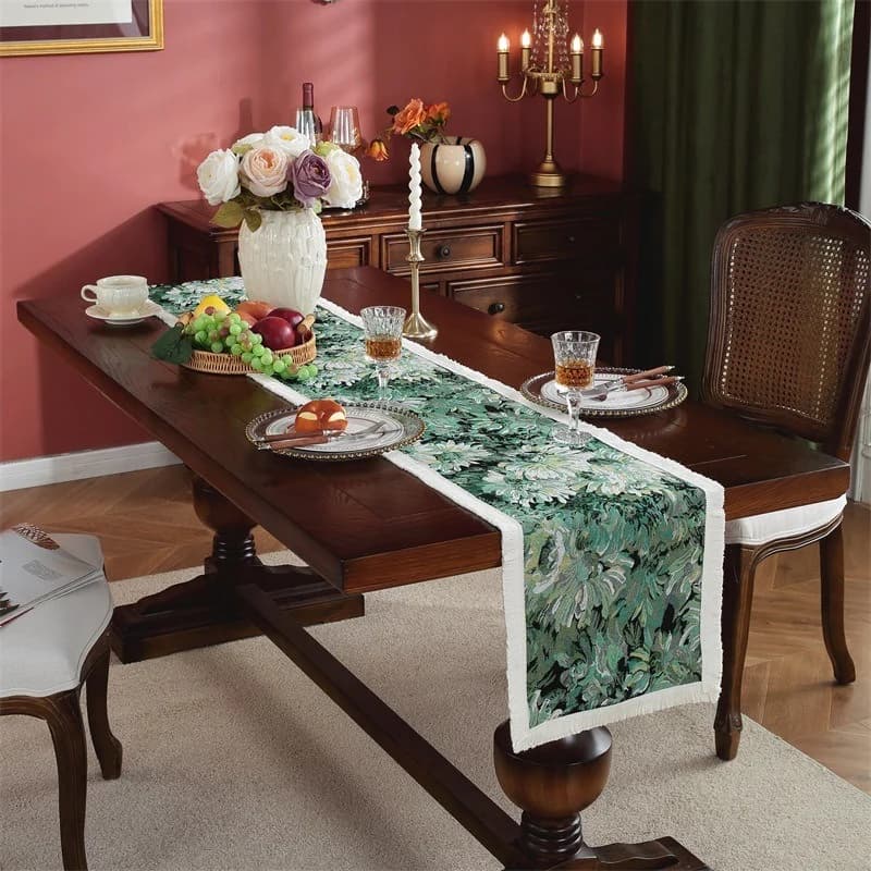 Vintage French Oil Painting Style Table Runner with Tassels