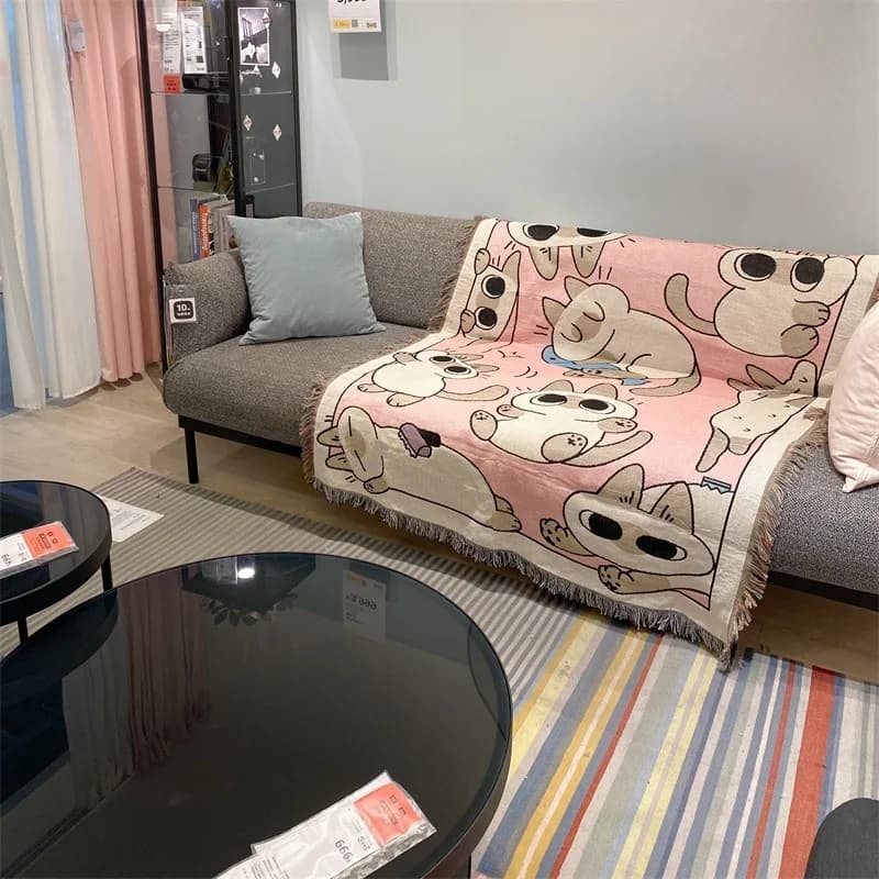 Pink Cartoon Cat Sofa Throw Blanket for Single Seat Couch