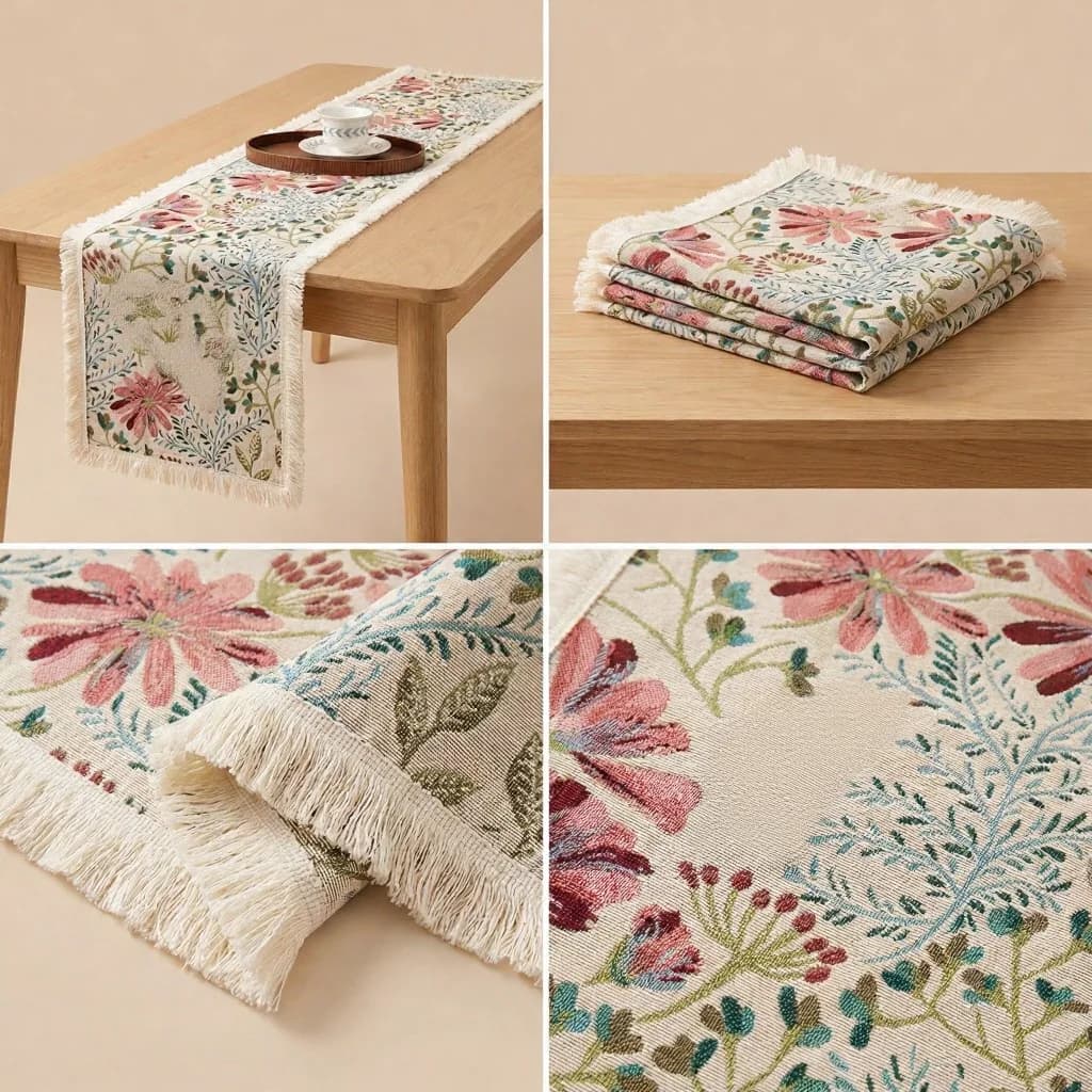 Jacquard Table Runner Cotton Blend Floral Pattern for Dining Decor