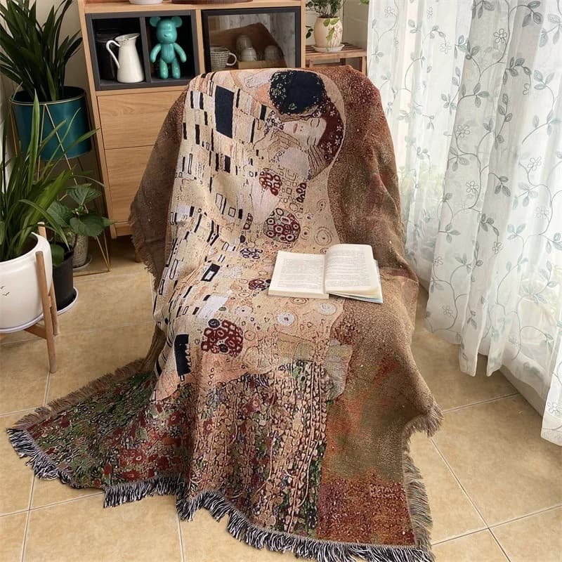 Vintage Oil Painting Style Tapestry Wall Hanging Blanket for Sofa