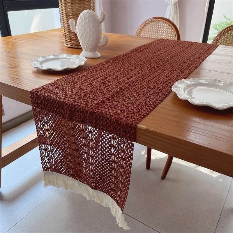 Rustic Cotton Lace Table Runner with Tassels for Dining Decor
