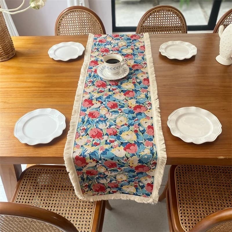Jacquard Cotton Linen Blend Table Runner Nordic Floral Design
