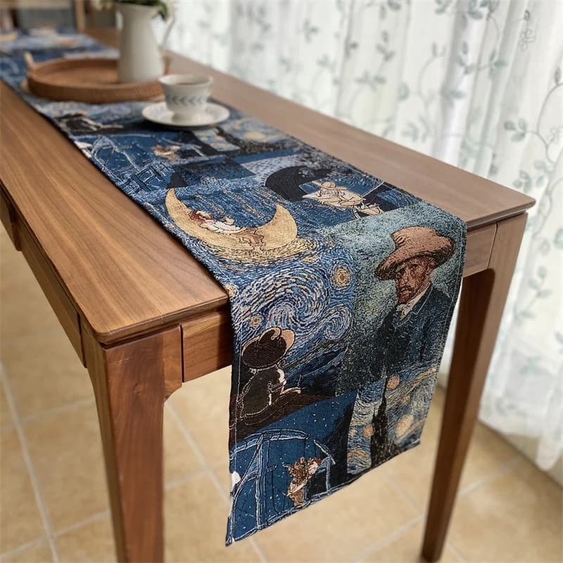 Van Gogh Style Cotton Linen Blend Table Runner for Home Decor