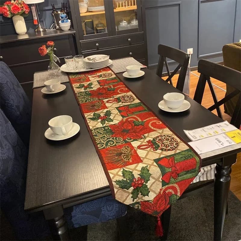 Christmas Table Runner Cotton Blend Red Floral Holiday Decor