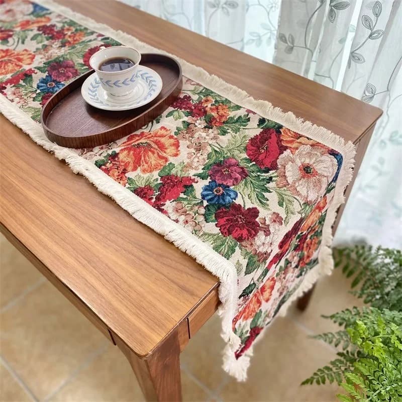 Cotton Linen Blend Table Runner Floral Pattern Home Decor