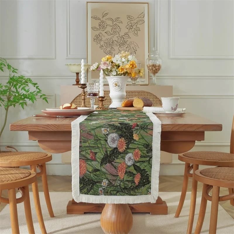 Jacquard Table Runner Cotton Blend Floral Pattern for Dining Room Decor