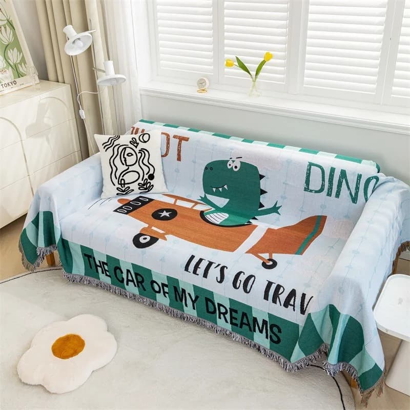 Cartoon Dinosaur Sofa Cover with Tassels Full Coverage Throw