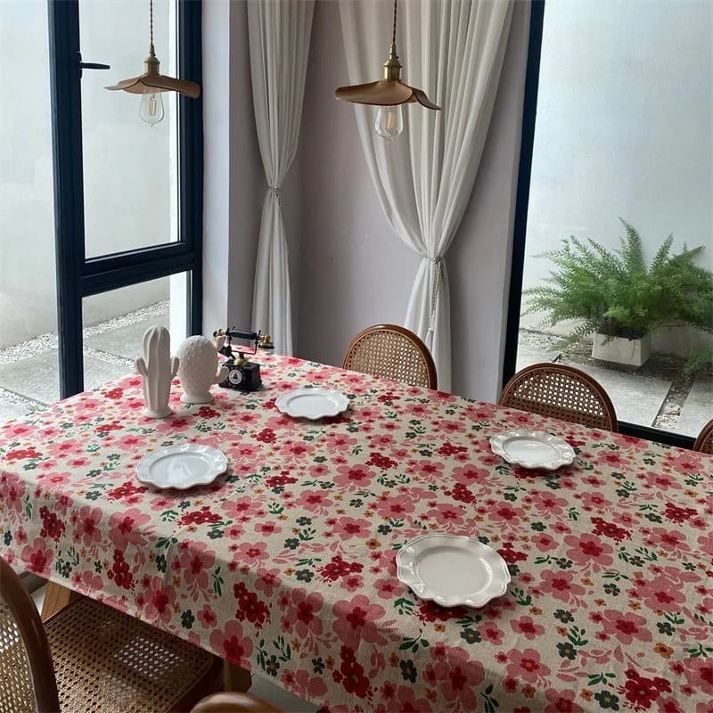 Pink Floral Jacquard Tablecloth Cotton Blend Rectangular Decorative Cover