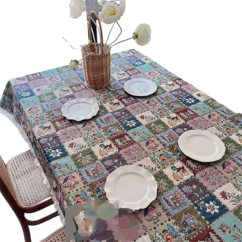 Cotton Blend Table Runner and Tablecloth with Floral Jacquard Pattern