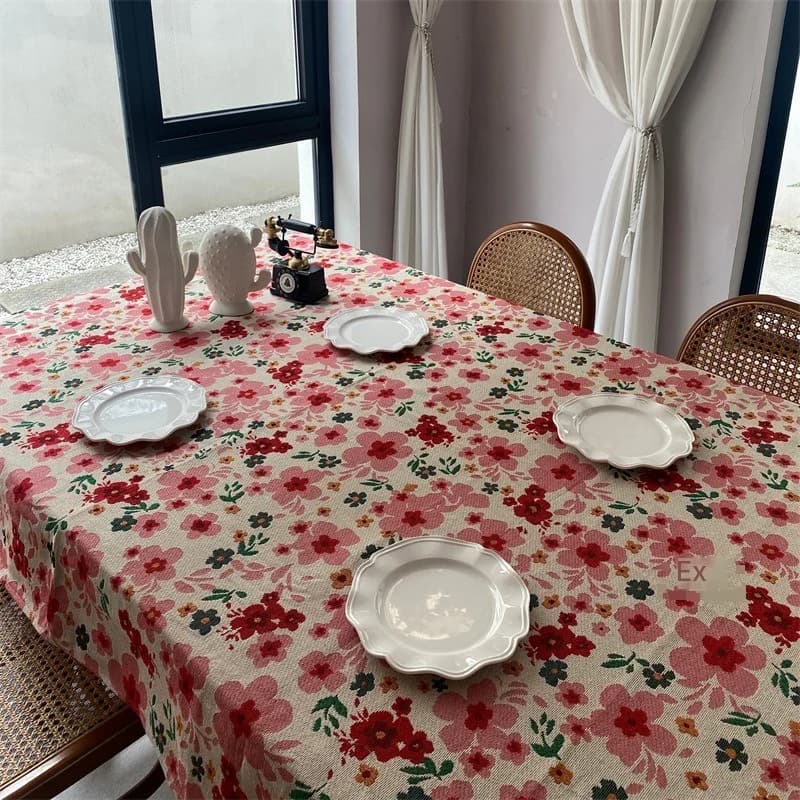 Pink Floral Jacquard Tablecloth Cotton Blend Rectangular Decorative Cover