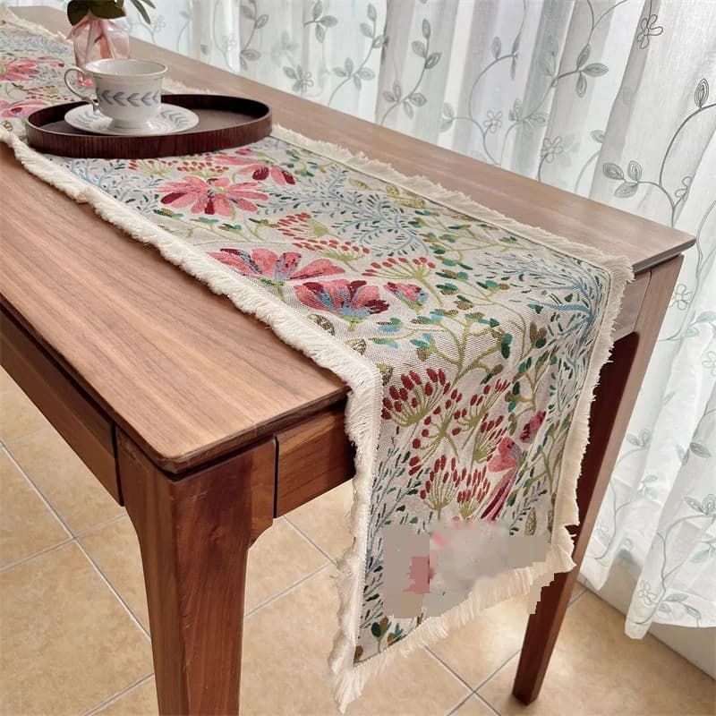 Nordic Style Cotton Blend Table Runner with Floral Pattern