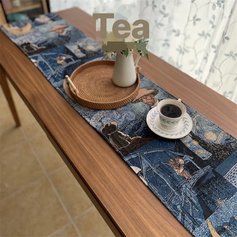 Van Gogh Style Cotton Linen Blend Table Runner for Home Decor