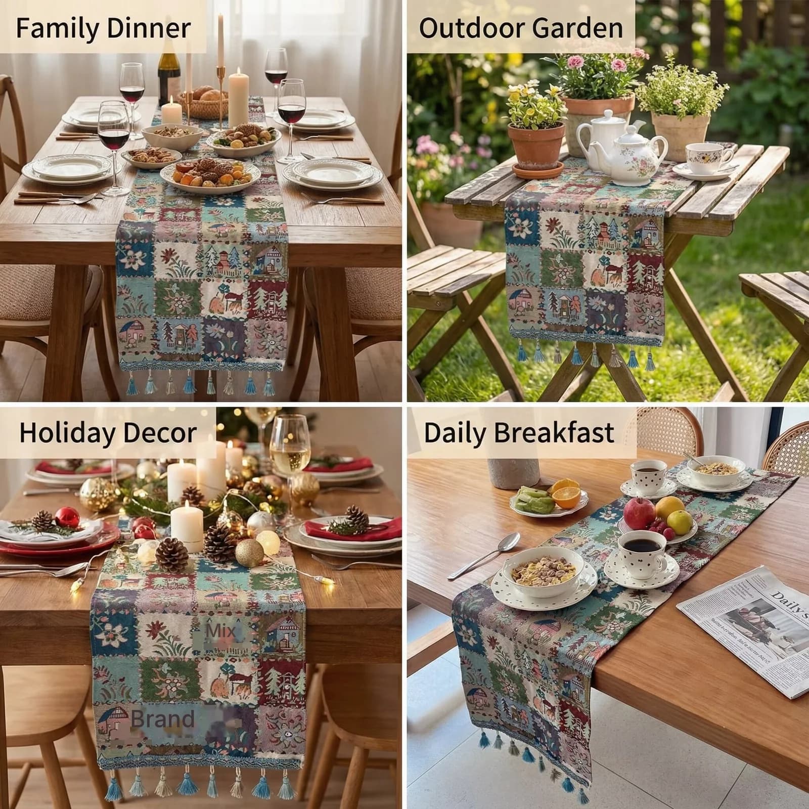 French Country Cotton Linen Blend Table Runner Floral Pattern