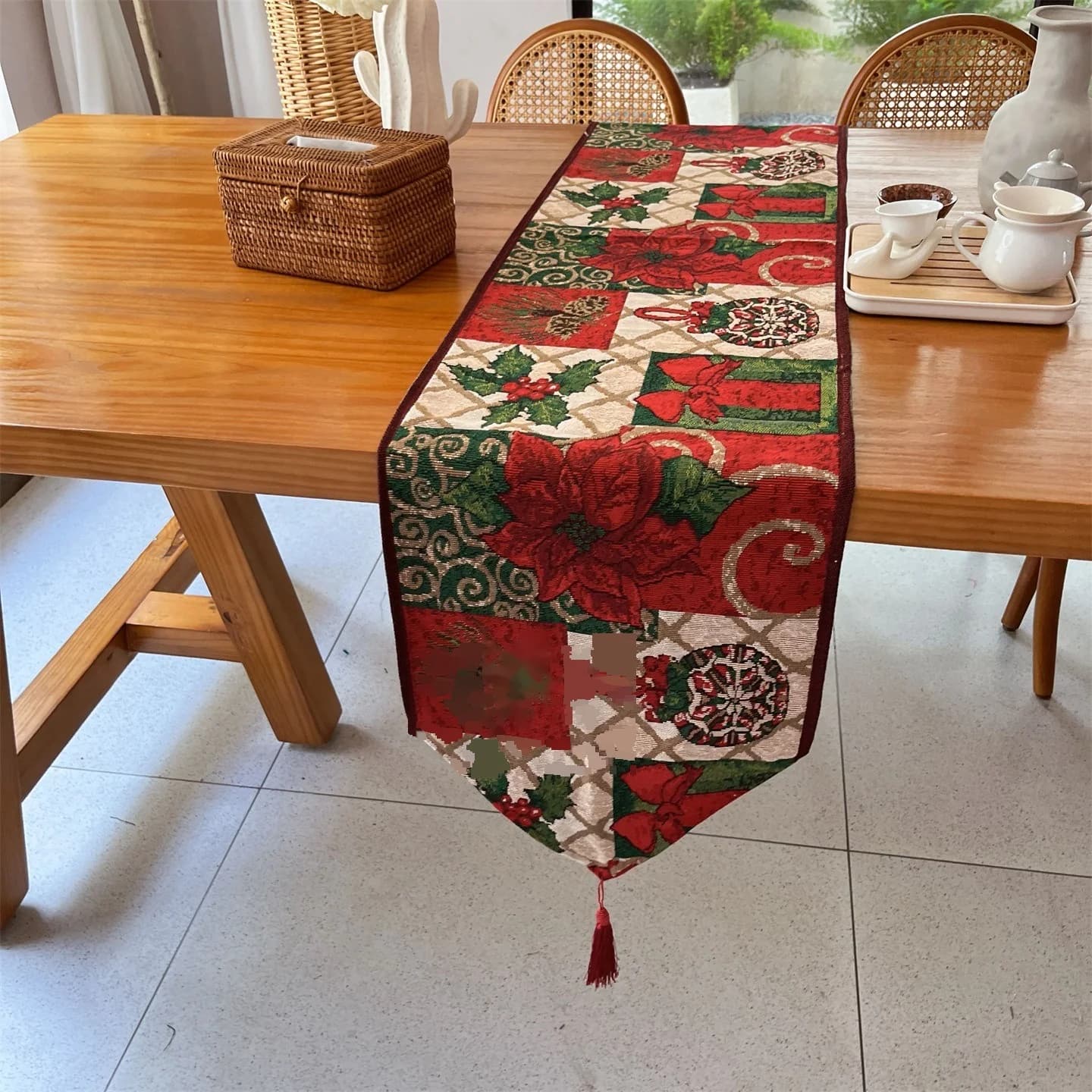Christmas Table Runner Red Floral Holiday Decor for Dining TV Cabinet