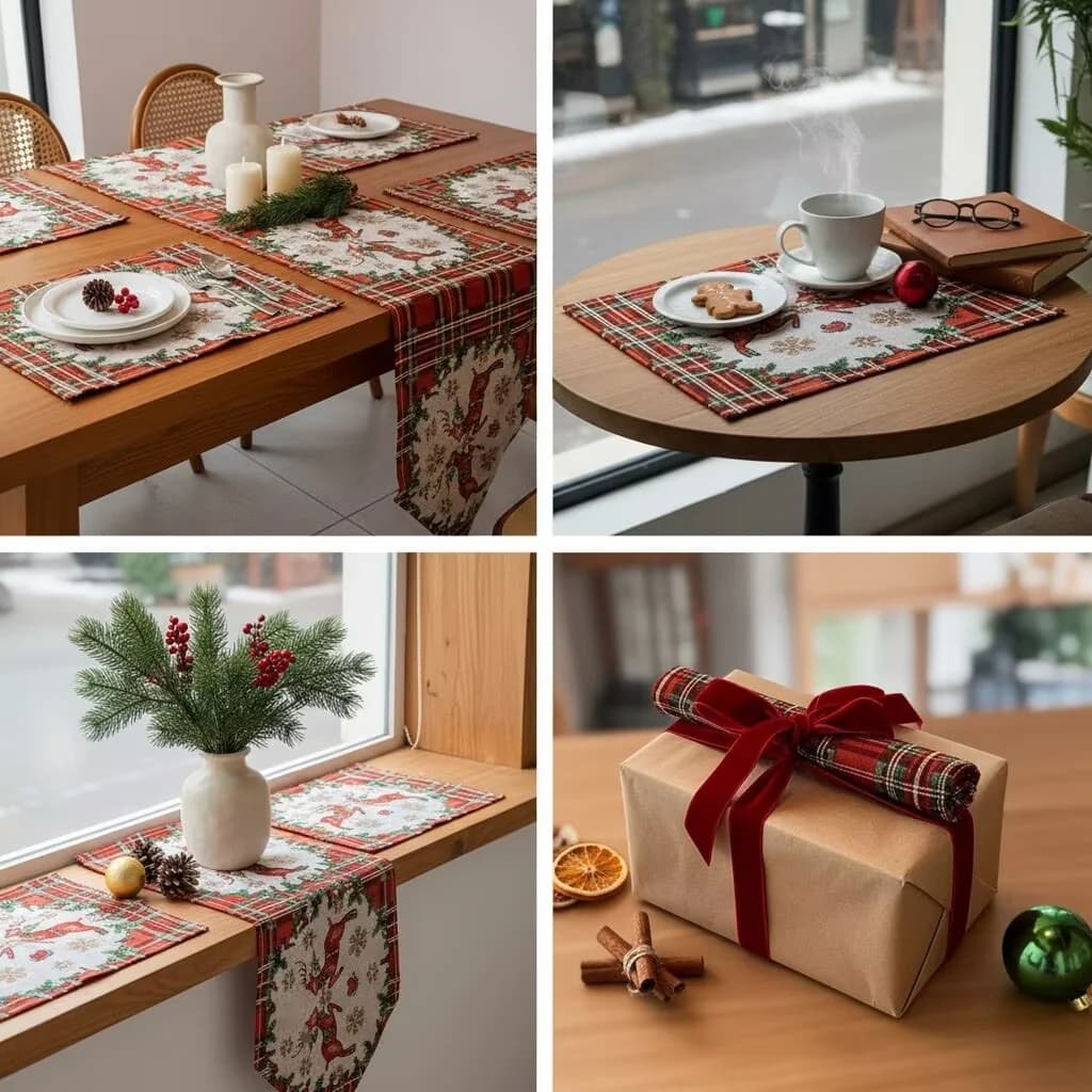 Christmas Table Runner Cotton Blend Decorative Cloth for Dining