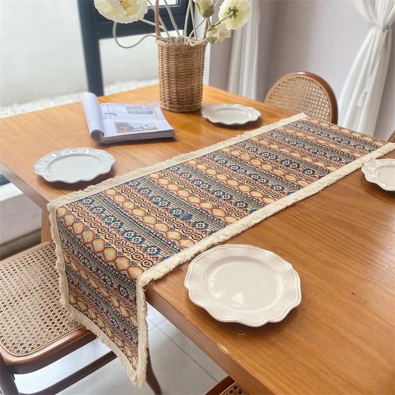 Bohemian Table Runner Geometric Abstract Cotton Blend Decor