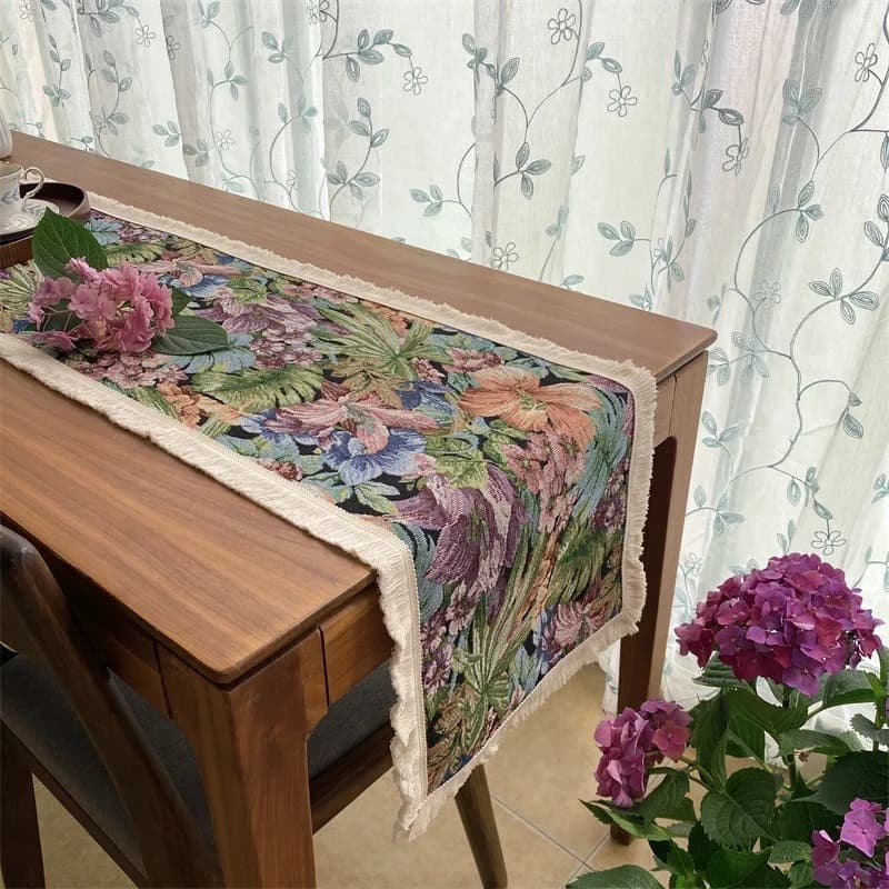 American Country Floral Cotton Linen Table Runner with Tassels