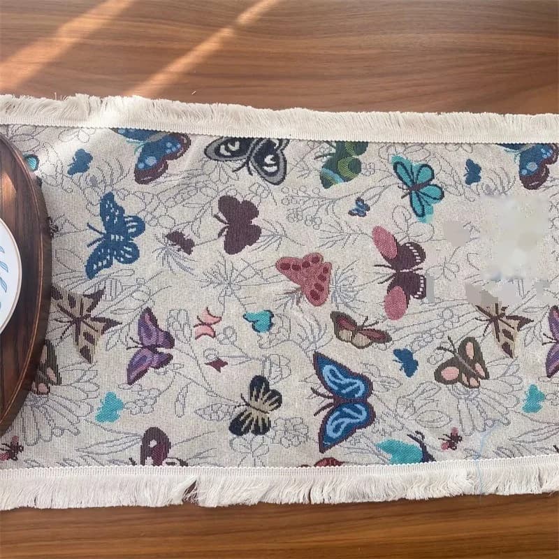 American Country Style Cotton Linen Table Runner with Floral Pattern and Tassels