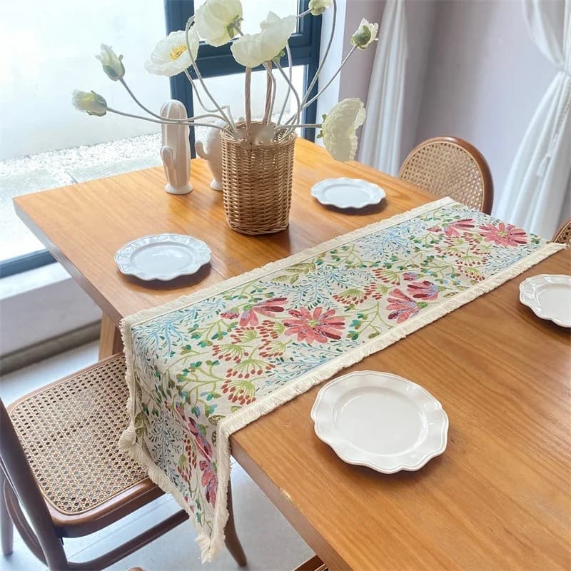 Jacquard Cotton Linen Blend Table Runner Nordic Floral Design