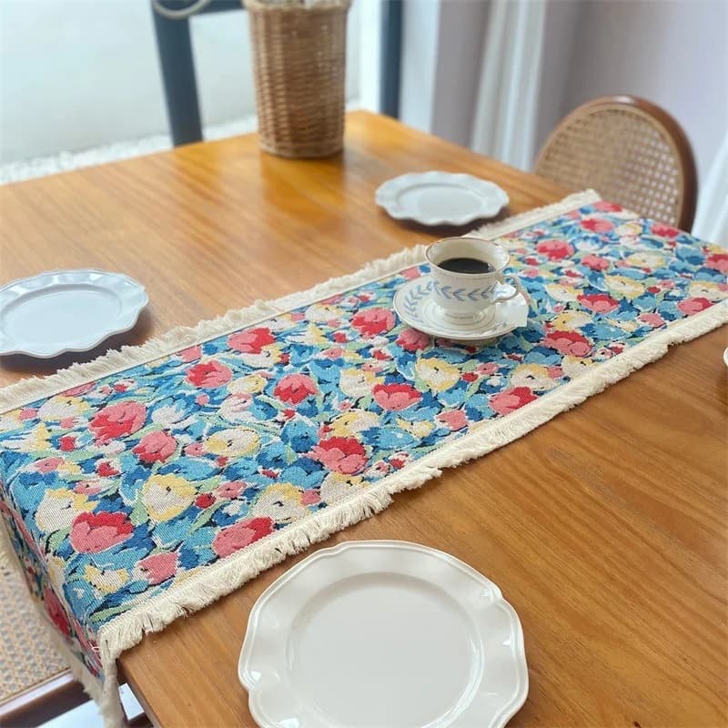 Jacquard Cotton Linen Blend Table Runner Nordic Floral Design