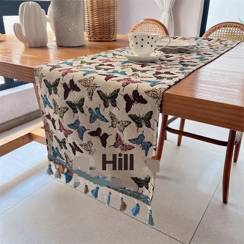 Cotton Blend Table Runner with Butterfly and Floral Prints