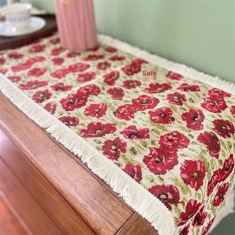 Country Style Table Runner Cotton Blend Floral Decor for Dining Room