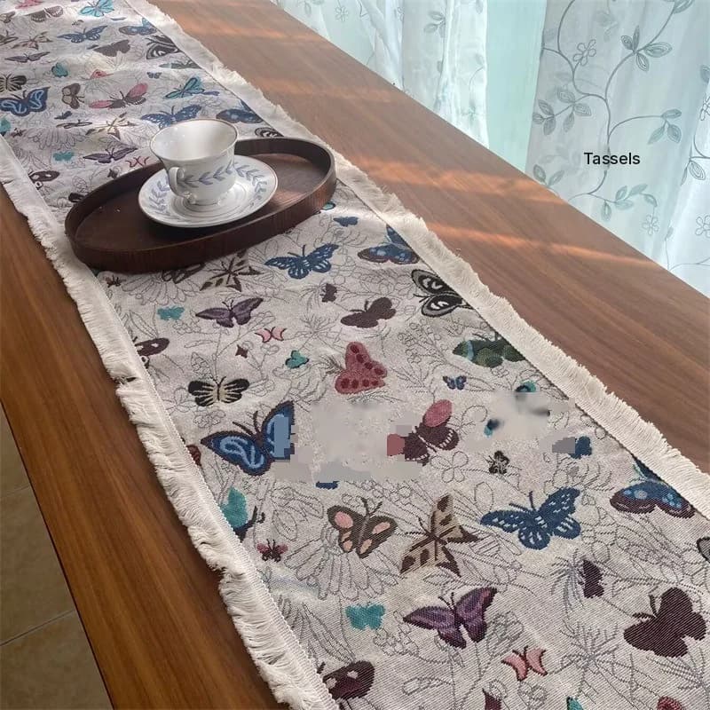 American Country Style Cotton Linen Table Runner with Floral Pattern and Tassels
