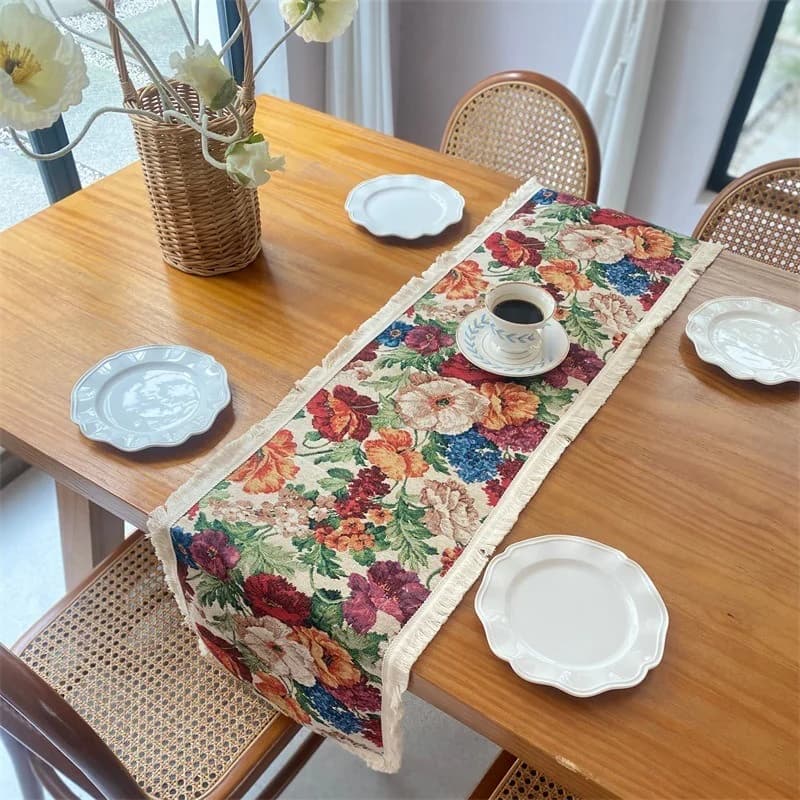 American Country Floral Cotton Linen Table Runner with Tassels
