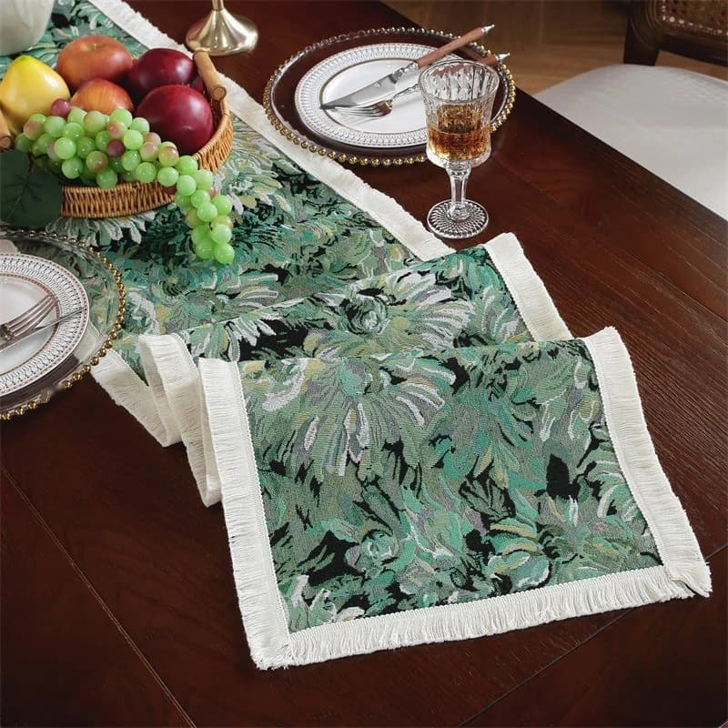 Vintage French Oil Painting Style Table Runner with Tassels
