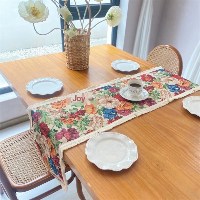 Floral Table Runner Cotton Blend Fabric for Dining Room Decor
